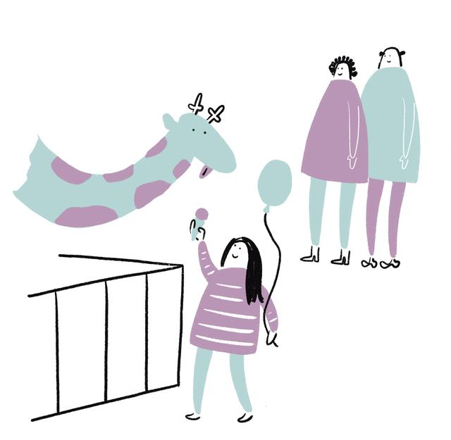 Cartoon of girl feeding an ice-cream to a giraffe